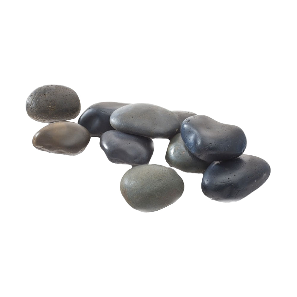 A collection of smooth, round freshwater rocks ranging from black to dark grey.