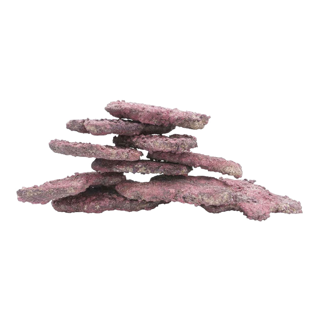 A stack of irregularly shaped, pinkish aragonite rocks intended for use as aquarium substrate.
