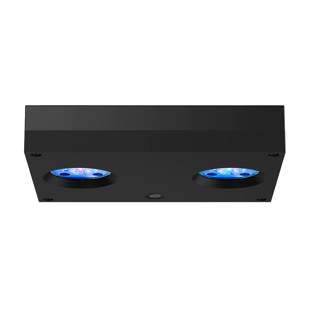 A black aquarium light fixture with blue illuminated sections designed for saltwater setups.