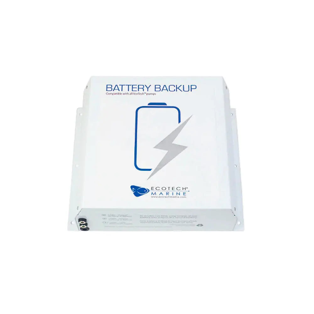 A white rectangular battery backup device with blue accents and the EcoTech Marine logo on it.