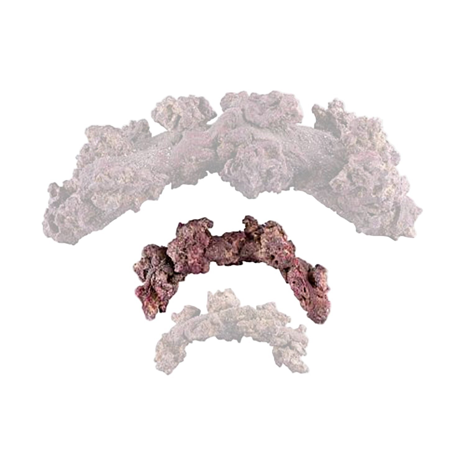 An image depicting a large, irregularly shaped piece of aquarium decor resembling coral or rock, primarily in shades of gray and brown.