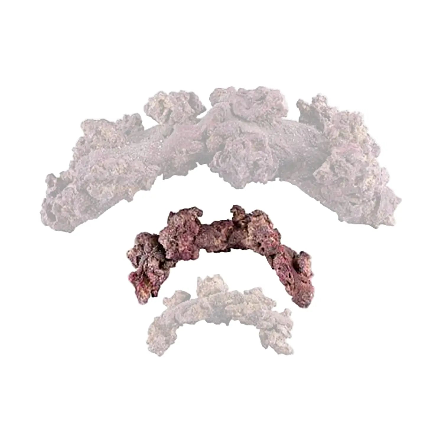 An image depicting a large, irregularly shaped piece of aquarium decor resembling coral or rock, primarily in shades of gray and brown.