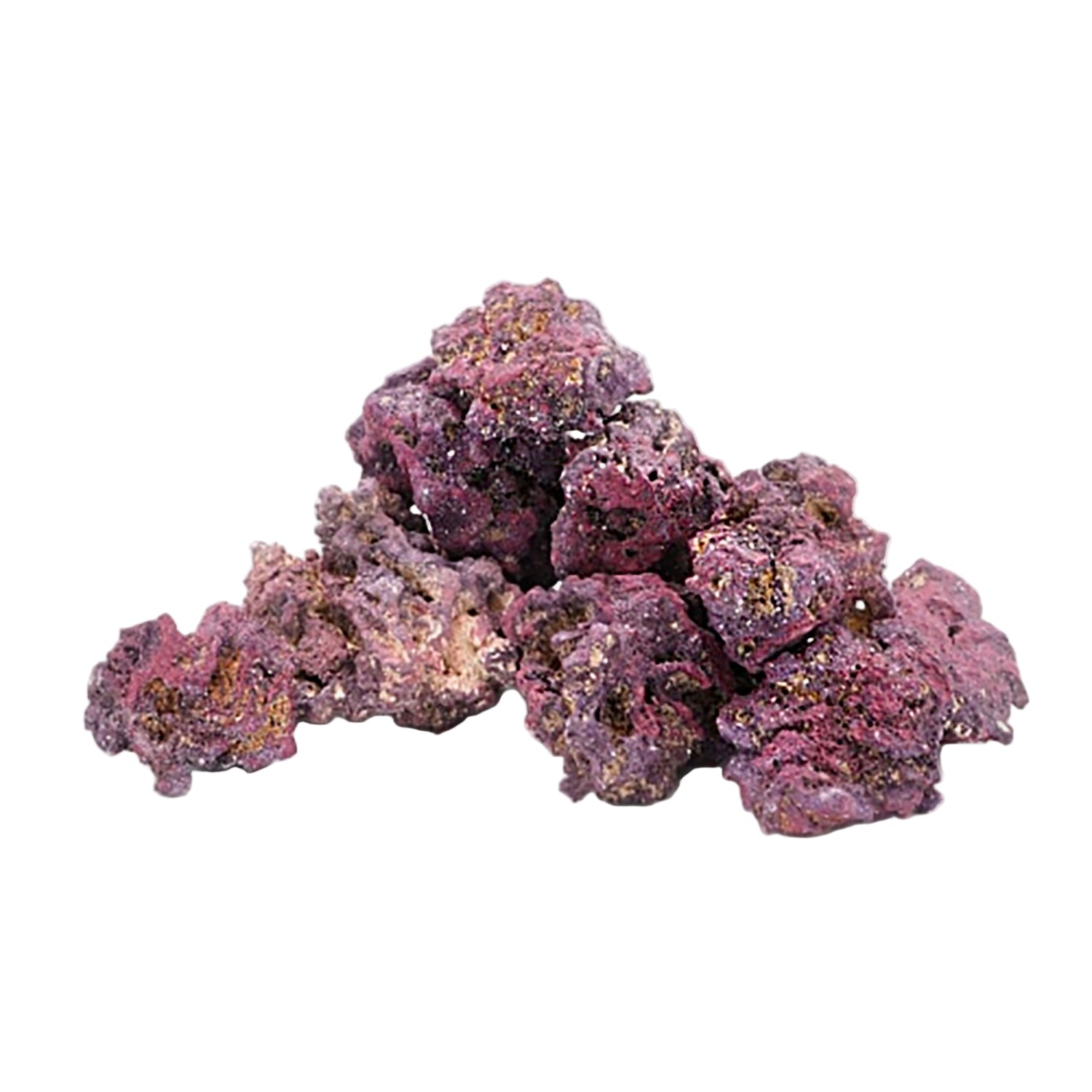 A cluster of purple and pink colored aquarium decoration rocks with a rough texture.