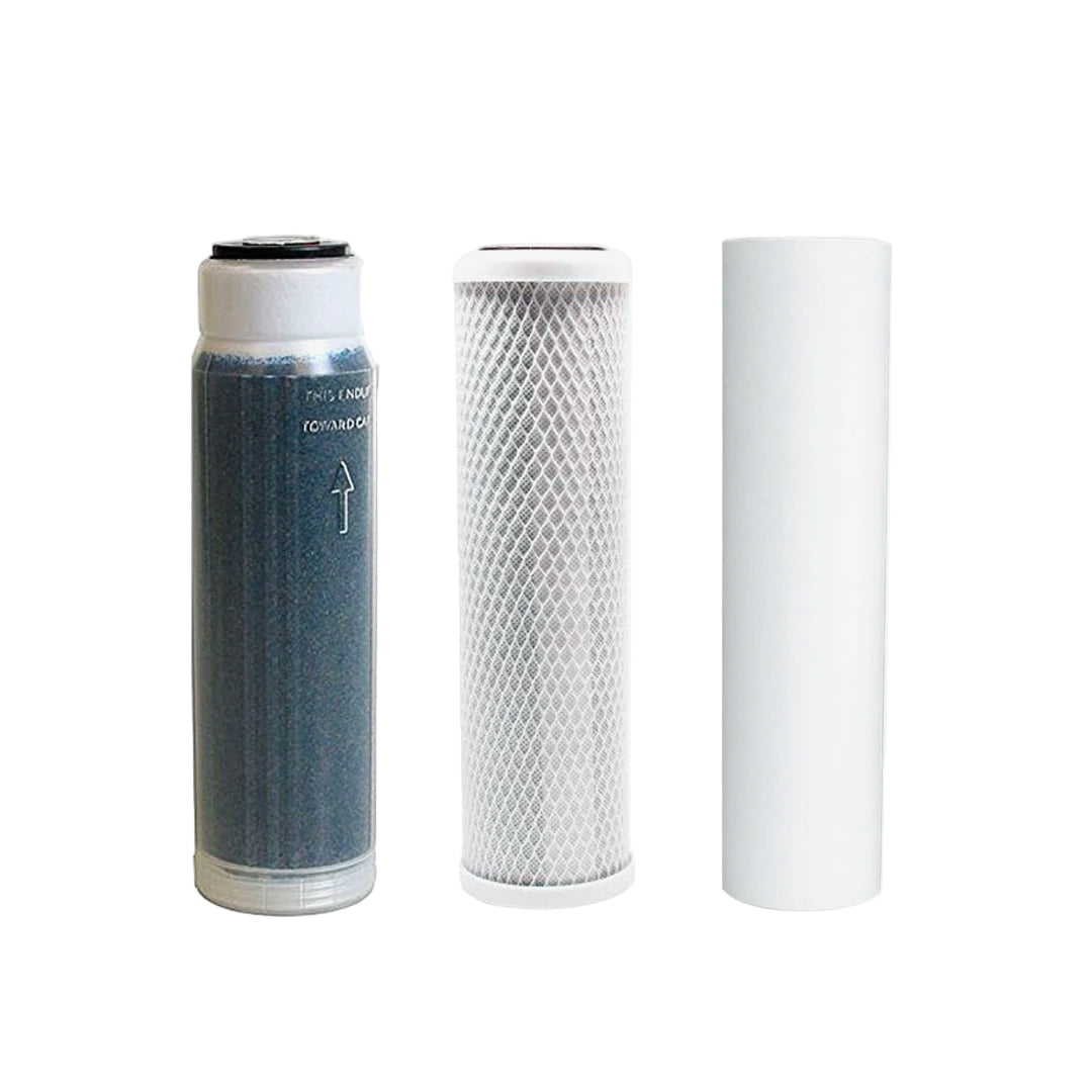 Three cylindrical water filters, including a sediment filter, a carbon block, and a color changing DI filter.