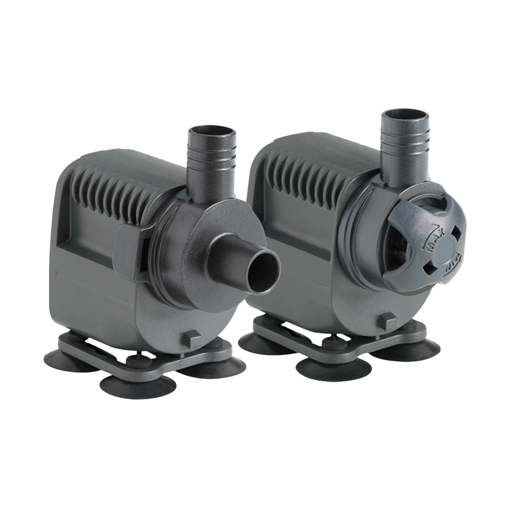 Two black water pumps with suction cups attached, designed for aquarium use.