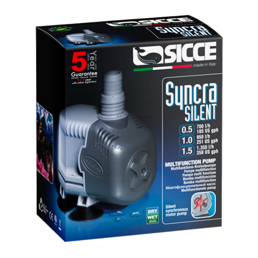 Packaging box of Sicce Syncra Silent water pump featuring the pump design and specifications.