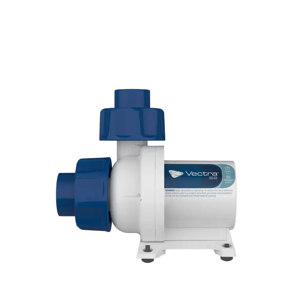 A white and blue EcoTech Marine Vectra return pump for saltwater aquariums.