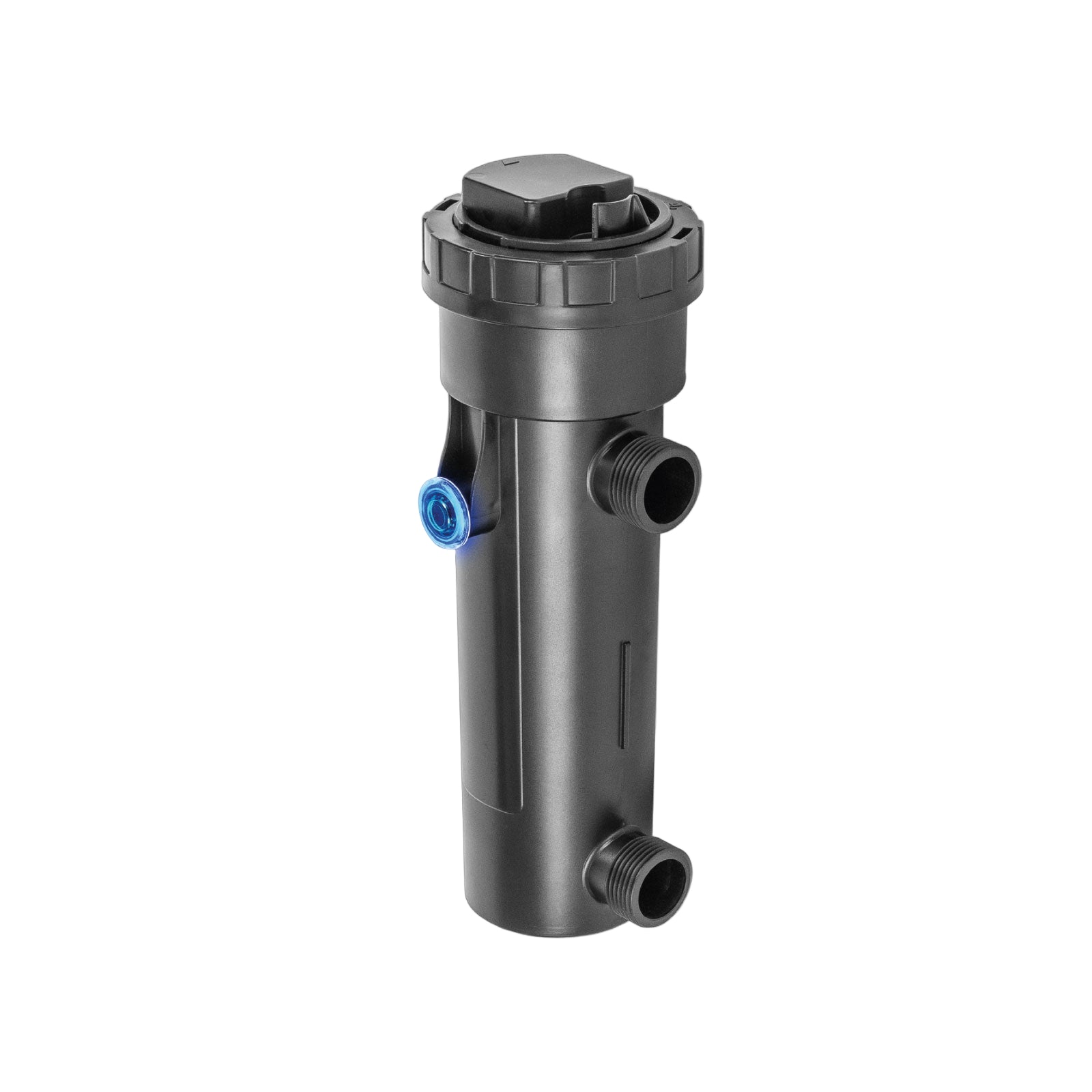 A Sicce UV-C Clarifier, which is a cylindrical device with multiple connection points and a blue switch on top, designed for water treatment in aquariums.