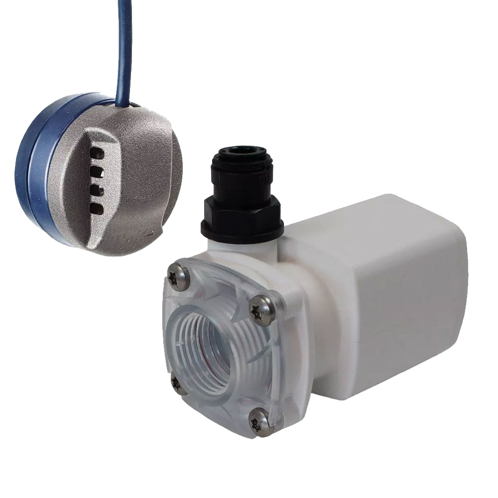 The image shows a compact water level controller device, with parts disassembled to display the internal components. It is designed for use in aquariums with both fresh and saltwater.