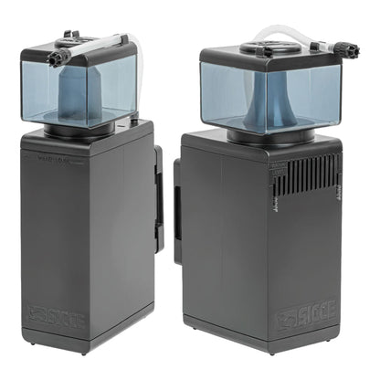 Two sizes of Shark Skimmers, compact aquarium protein skimmers, one larger and one smaller, both in black color with transparent tops.