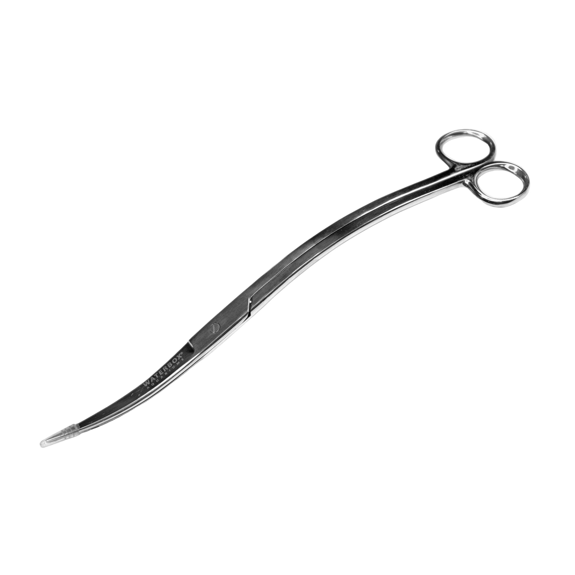 A stainless steel curved aquascaping scissors with a comfortable grip for easy handling.