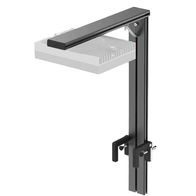 An adjustable metal arm designed to mount lighting fixtures above a tank, featuring a slide and swivel mechanism and integrated cord management.