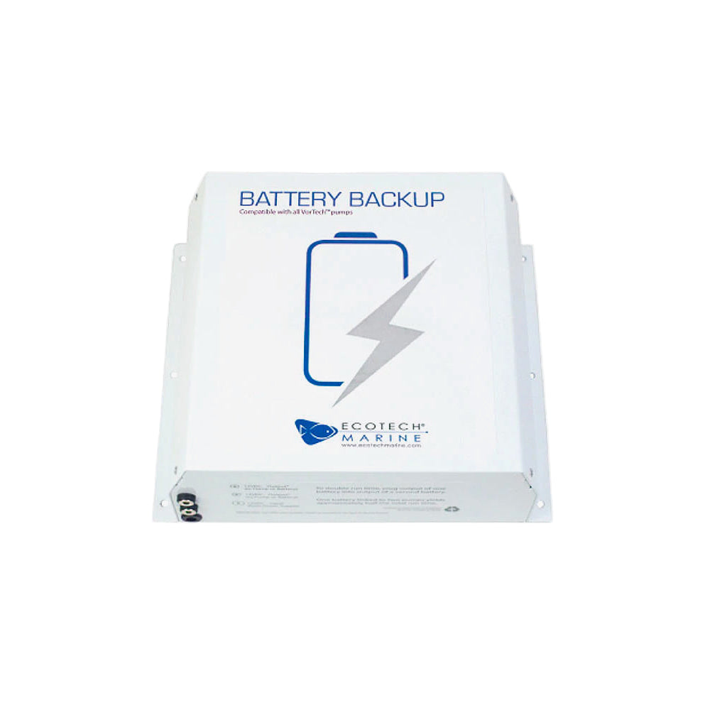 A white rectangular battery backup device with blue accents and the EcoTech Marine logo on it. 