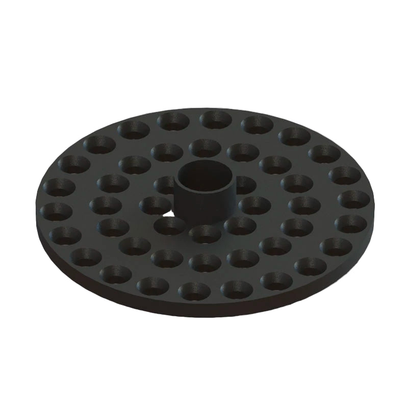 A black circular filter sock silencer with multiple small holes distributed evenly across the surface and a central hole for insertion.