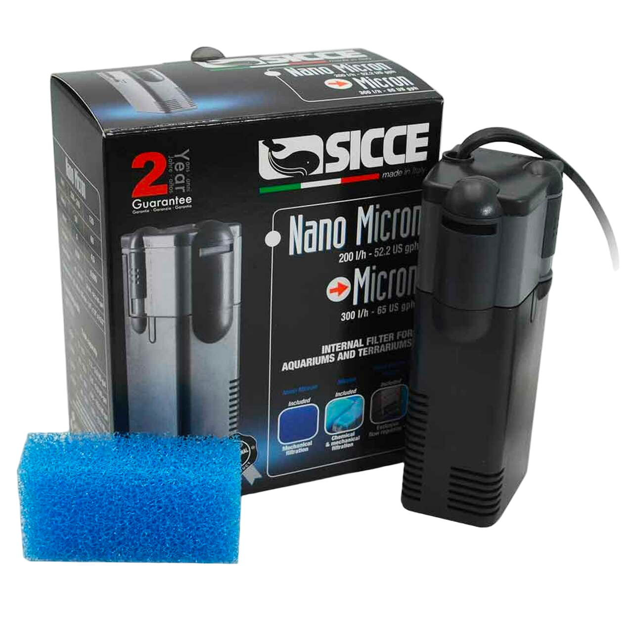 The image shows a micron filter system by Sicce, which includes a black external canister filter and a blue foam filter media, presented alongside its packaging box.
