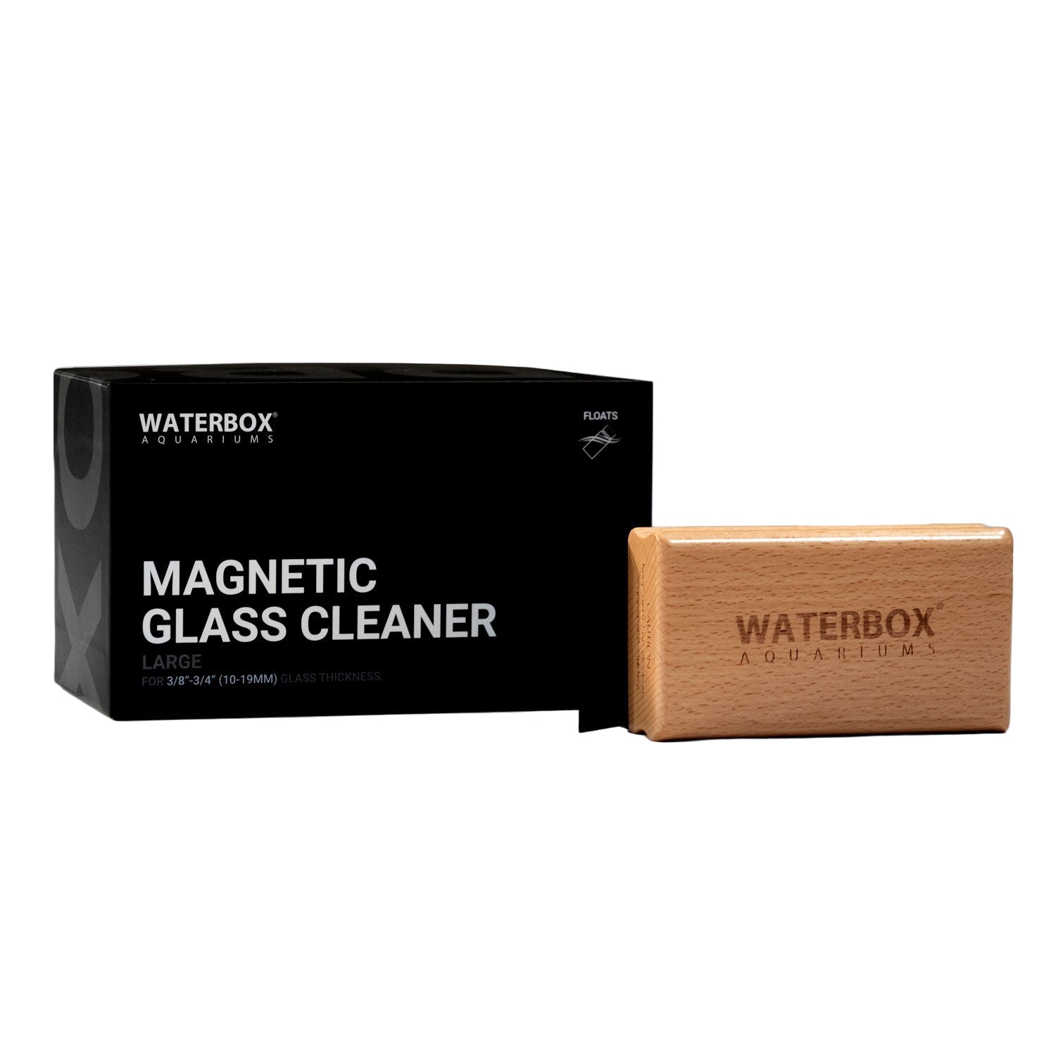 Wooden magnetic glass cleaner with black box labeled 'Waterbox Aquariums' on a white background